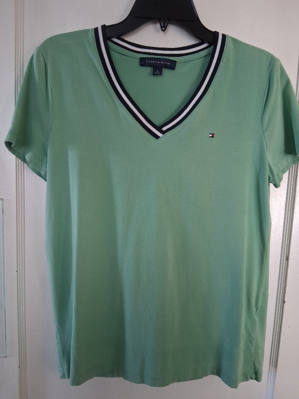 Tommy Hilfiger  women's mint green T shirt with blue and white collar trim, M
